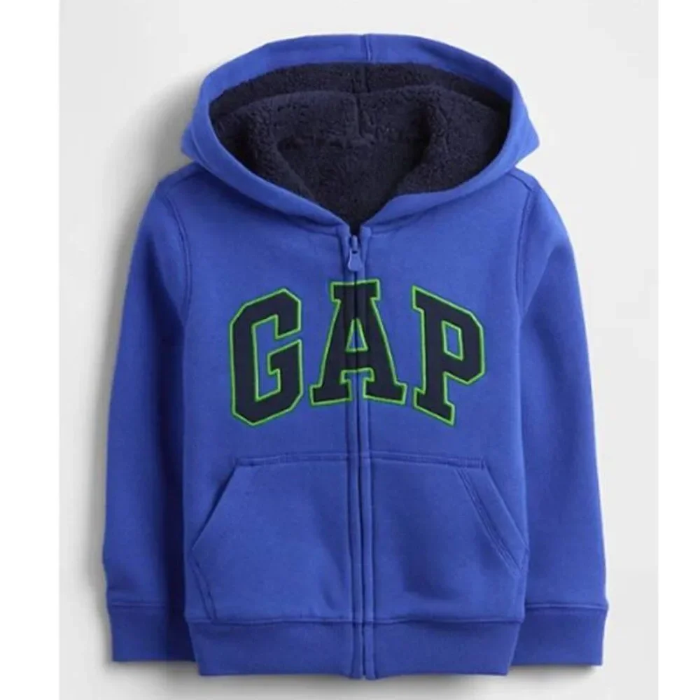 Gap Baby Front Logo Sherpa Lined Zip Hoodie Soft Cotton Fleece Winter Blue 2yrs